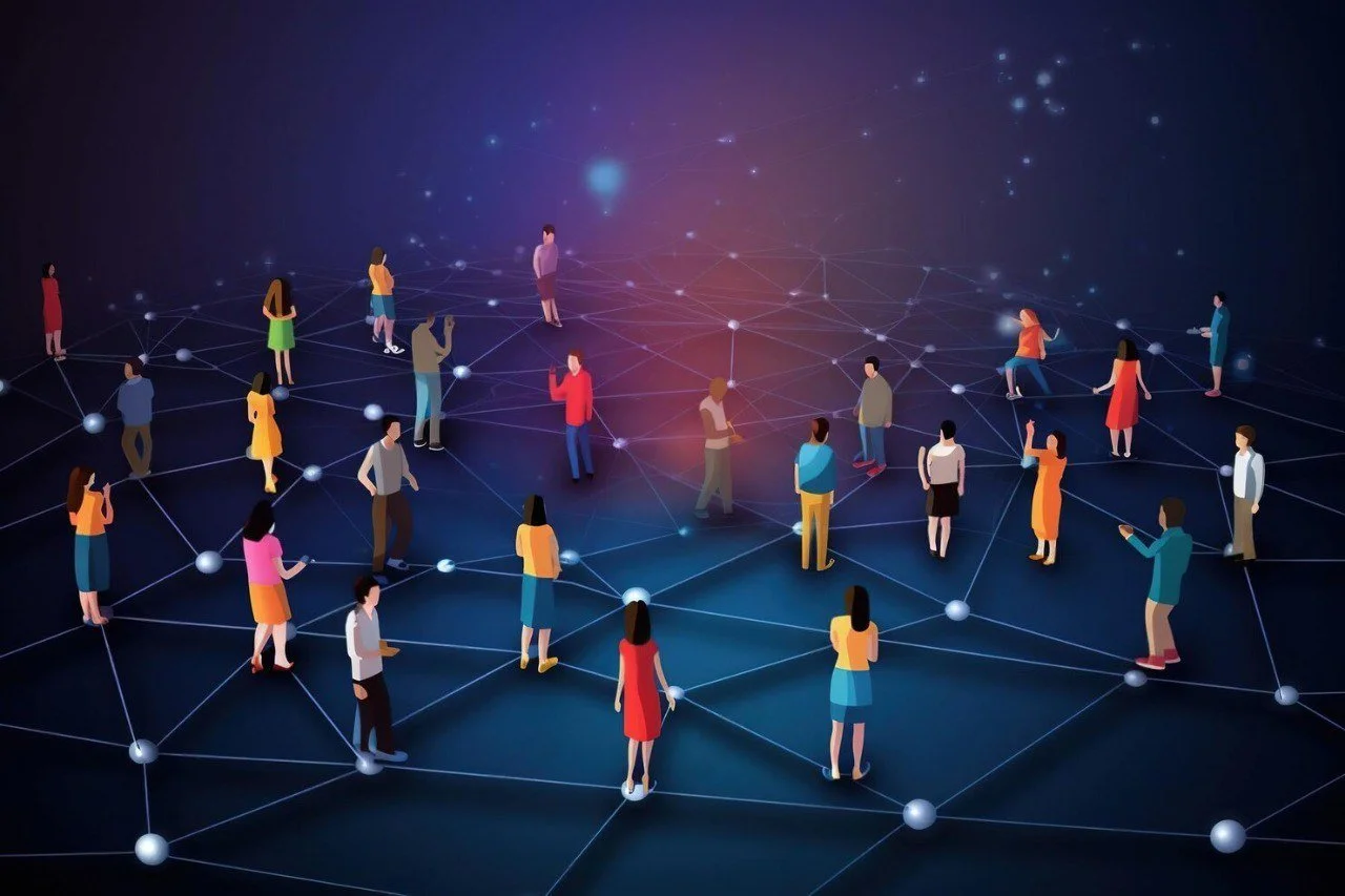 Digital illustration of diverse people connected with lines and glowing nodes, representing a network or social connection.