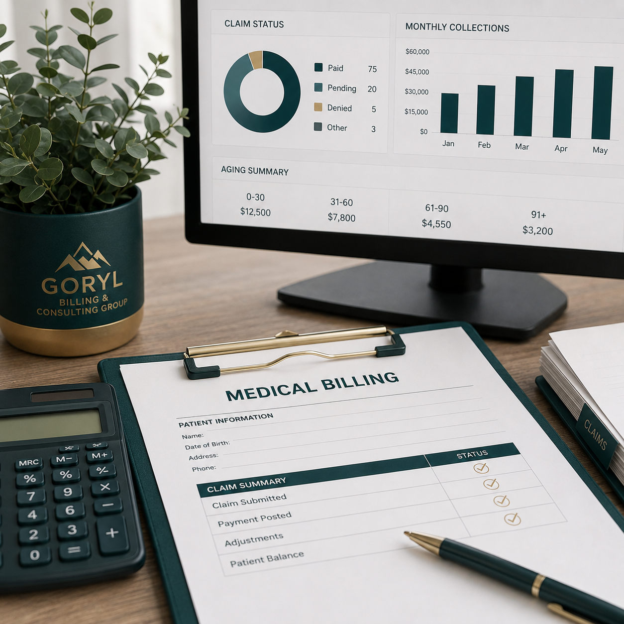 An office desk with a computer monitor displaying charts and graphs, a plant in a green and gold pot labeled 'GORYL Billing & Consulting Group,' a medical billing clipboard, a calculator, a pen, and a stack of papers.