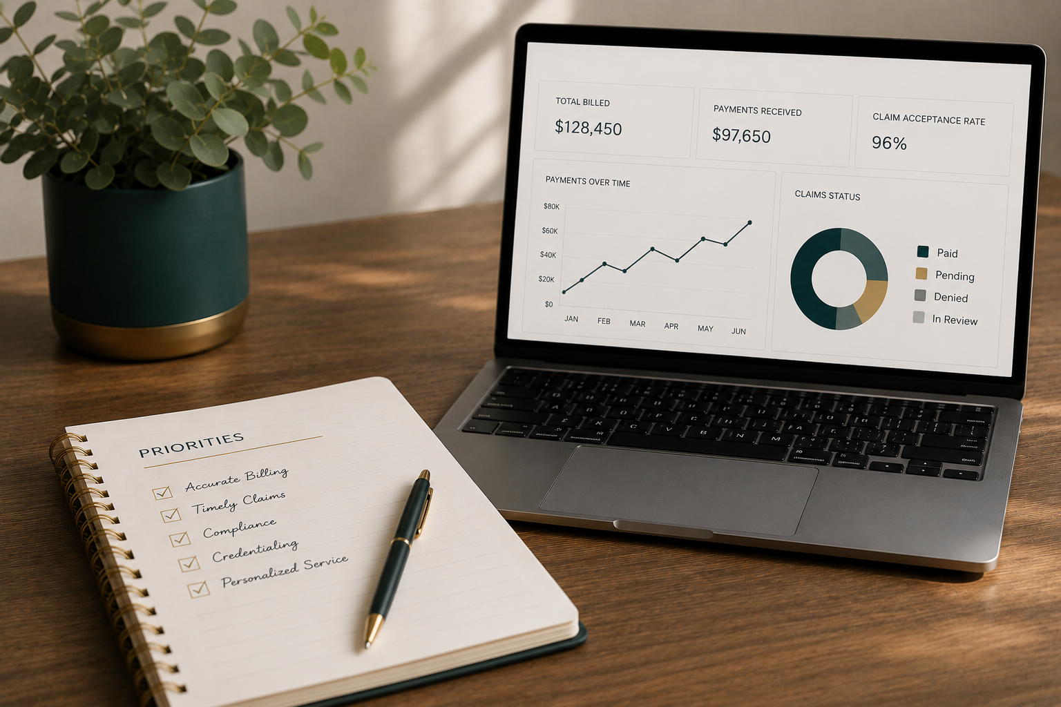 A laptop displaying a financial dashboard with charts and statistics, a potted plant, and a notebook with a pen on a wooden desk.