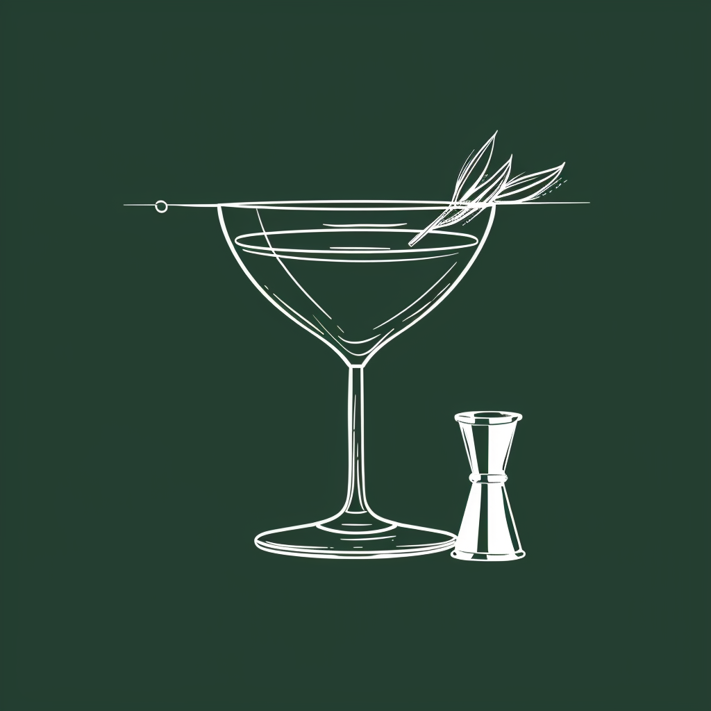 Minimalist cocktail glass and jigger line illustration—representing Mindful Hospitality’s bespoke bar programming, cocktail design, and event services.