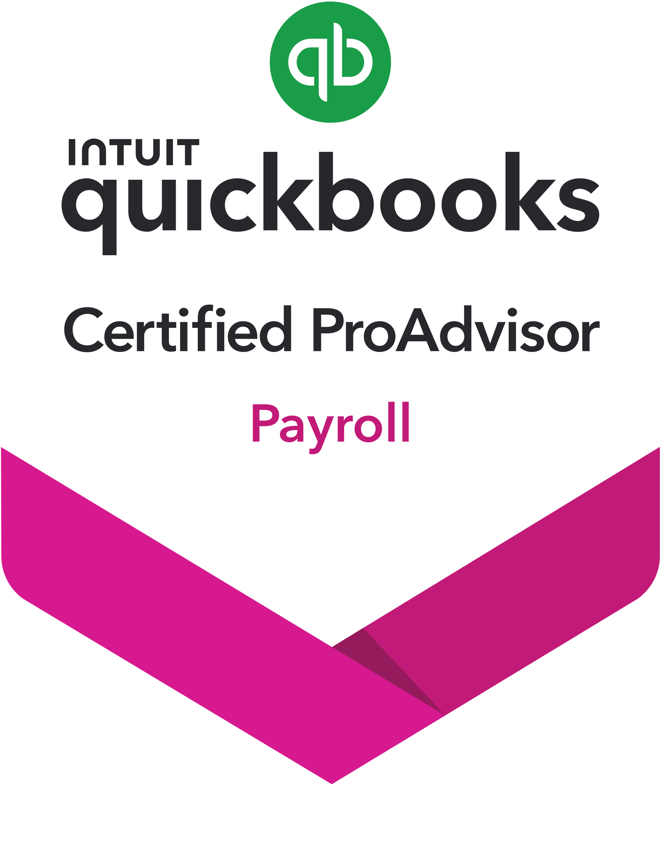 QuickBooks Payroll certification badge with green company logo, black and pink text, and purple ribbon design.