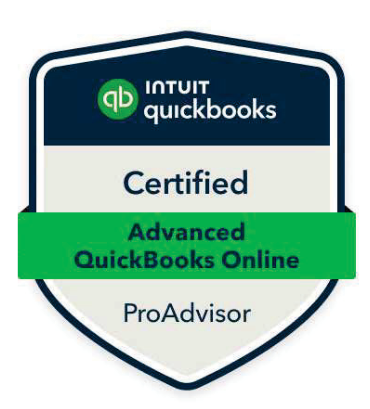 Badge showing certification from Intuit QuickBooks for Advanced QuickBooks Online, ProAdvisor level.
