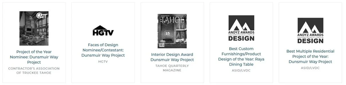 A collage of five award certificates for a project called Dunsmuir Way, including honors for project of the year, faces of design, interior design, best custom furnishings, and best multiple residential project.