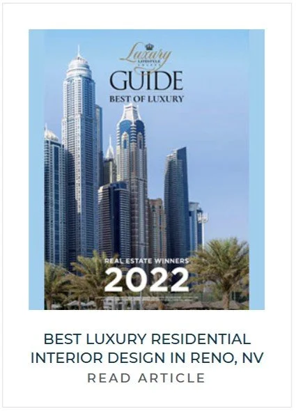 Cover of a real estate award magazine featuring a city skyline of tall modern buildings in Reno, Nevada, with palm trees in the foreground. The cover highlights the 'Luxury Guide' and 'Best of Luxury' awards, focusing on real estate winners of 2022.