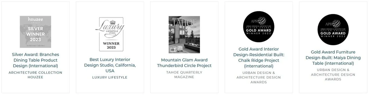 Four award logos and descriptions for architecture and interior design awards, including Silver Award 2023, Best Luxury Interior, Mountain Glam Award, and two Gold Awards for interior design and furniture.