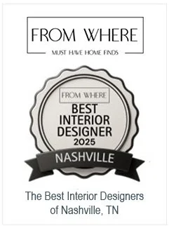 Award badge for Best Interior Designer 2025 in Nashville, Tennessee, with text indicating the award is from 'From Where' magazine.