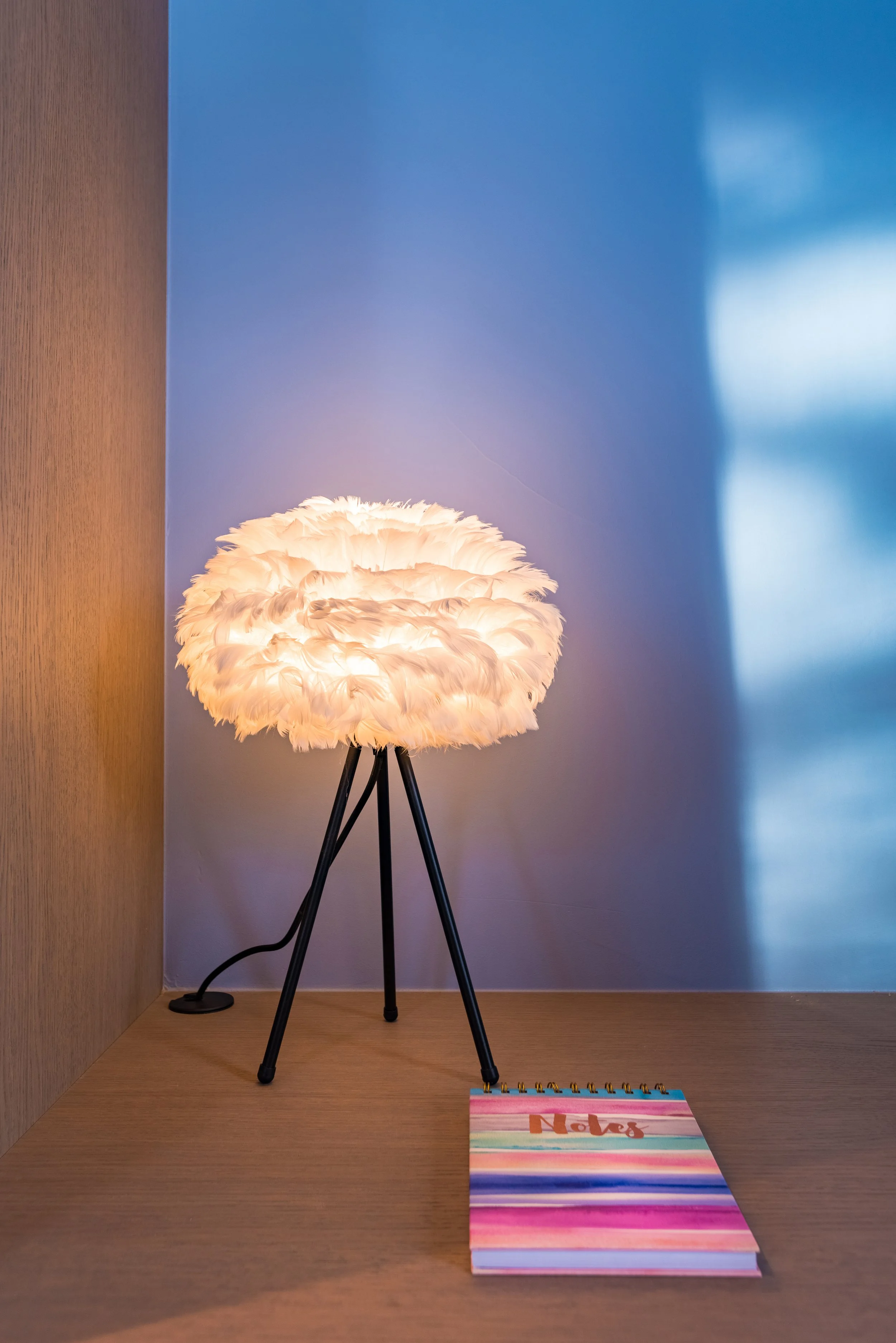 A feathered table lamp with a black tripod stand, turned on and glowing, on a wooden surface next to a colorful notebook with 'Notes' written on the cover.