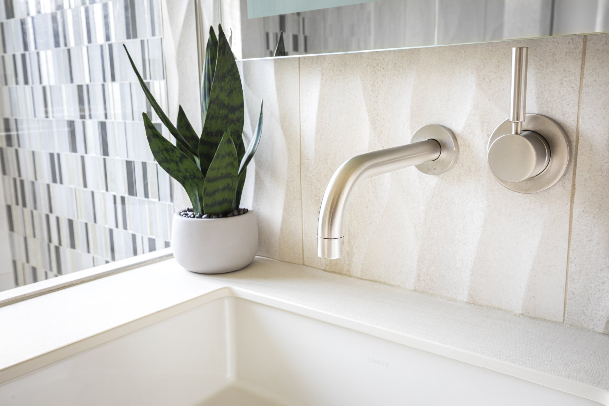 Light and airy mountain modern bathroom with textured tile in Martis Camp