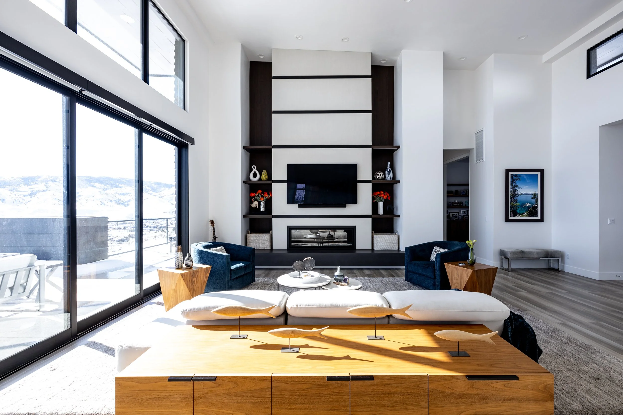 Warm Modern Living Room with Custom Fireplace