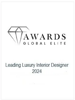 Awards Global Elite logo with a diamond icon, and text that reads 'Leading Luxury Interior Designer 2024'.