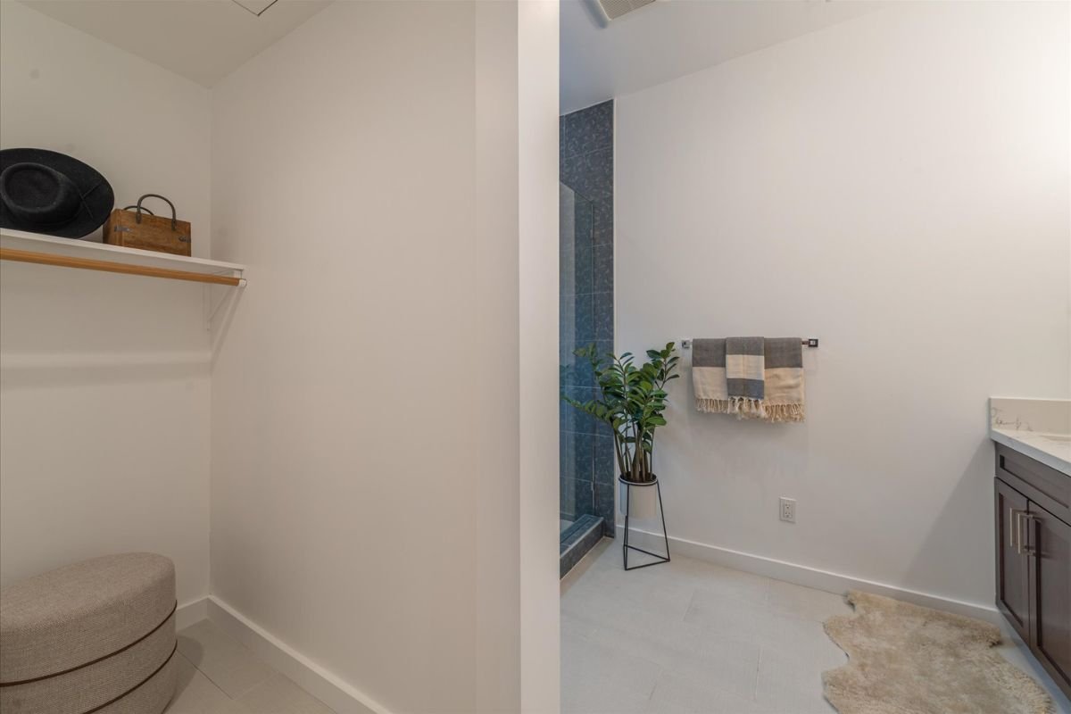 A bathroom with a potted plant, towel rack with two towels, and a shower with blue tiles.