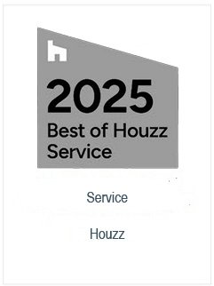A gray and white badge-shaped graphic with '2025 Best of Houzz Service' text and a small Houzz logo at the top left.