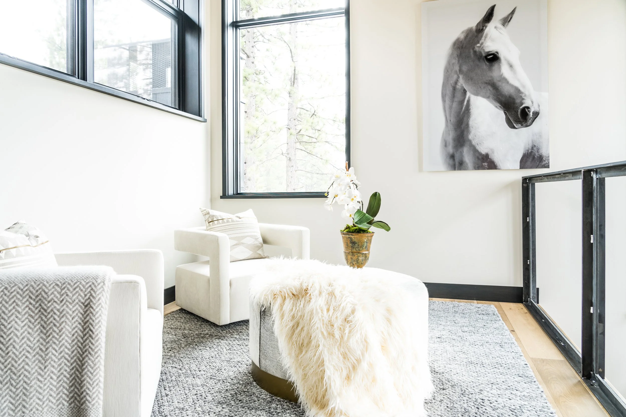 Modern living room with white walls, large windows, a white sofa with pillows, a round coffee table with a fluffy white throw, a pot with a white orchid, and a large black-and-white horse portrait on the wall.