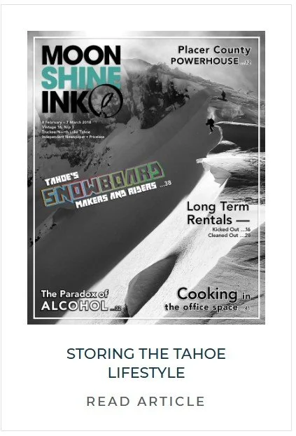 A magazine cover titled 'Moon Shine Ink' featuring a snowboarder riding down a snowy slope in Tahoe, California. The cover highlights themes like long-term rentals, cooking in the office, and the paradox of alcohol.