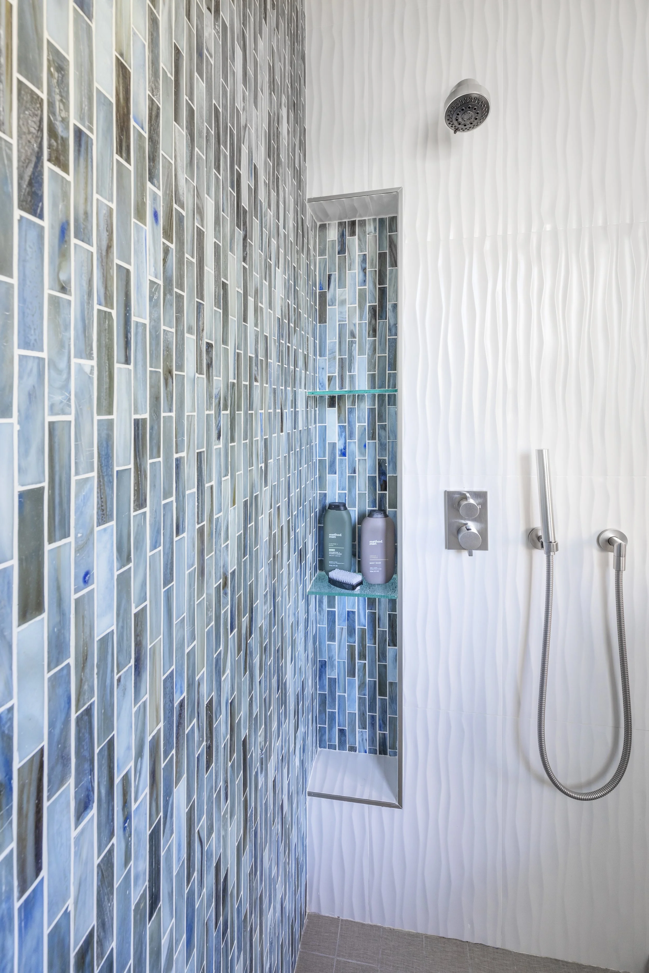 Light and airy mountain modern bathroom with textured tile in Martis Camp