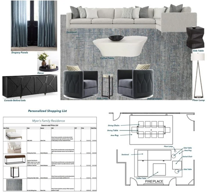 A living room layout with a white sectional sofa, two black armchairs, and a coffee table on a blue area rug. Additional decor items include a side table with a floor lamp, drapery panels, and a decor piece. A floor plan and shopping list are also visible.