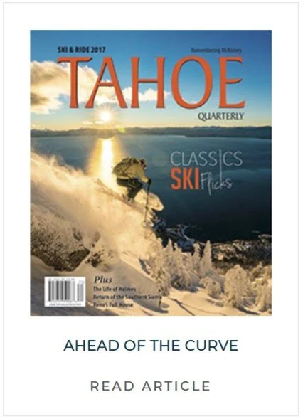 Cover of Tahoe Quarterly magazine featuring a skier on a snowy slope with a sunset over a lake in the background; text includes "Tahoe Quarterly," "Skier," and "Ahead of the Curve".