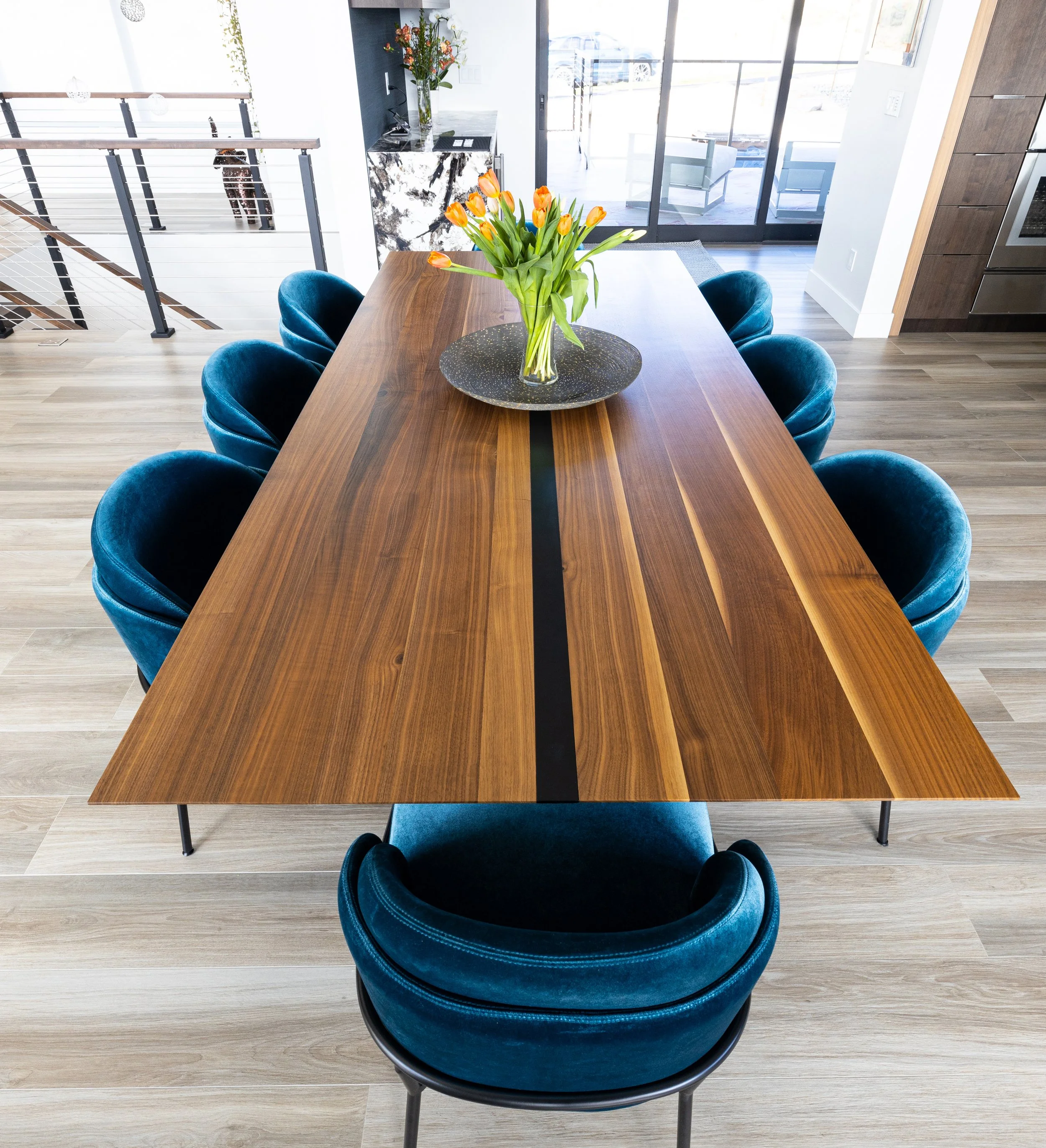 Custom 8 foot modern walnut and black steel dining table