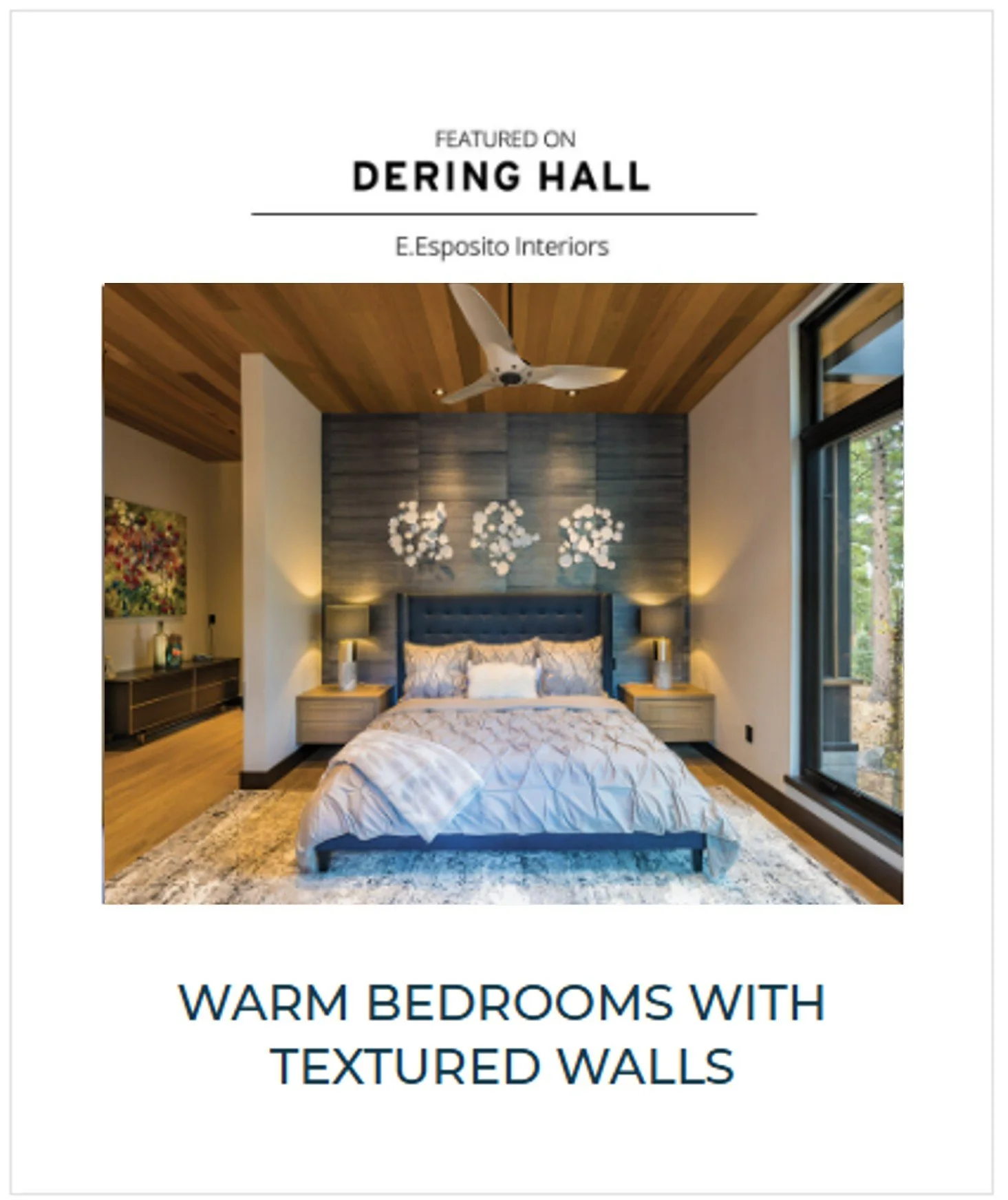 A bedroom with a modern design, featuring a bed with a textured blanket, wall-mounted lamps, artwork above the bed, a large window, and a wooden ceiling fan.