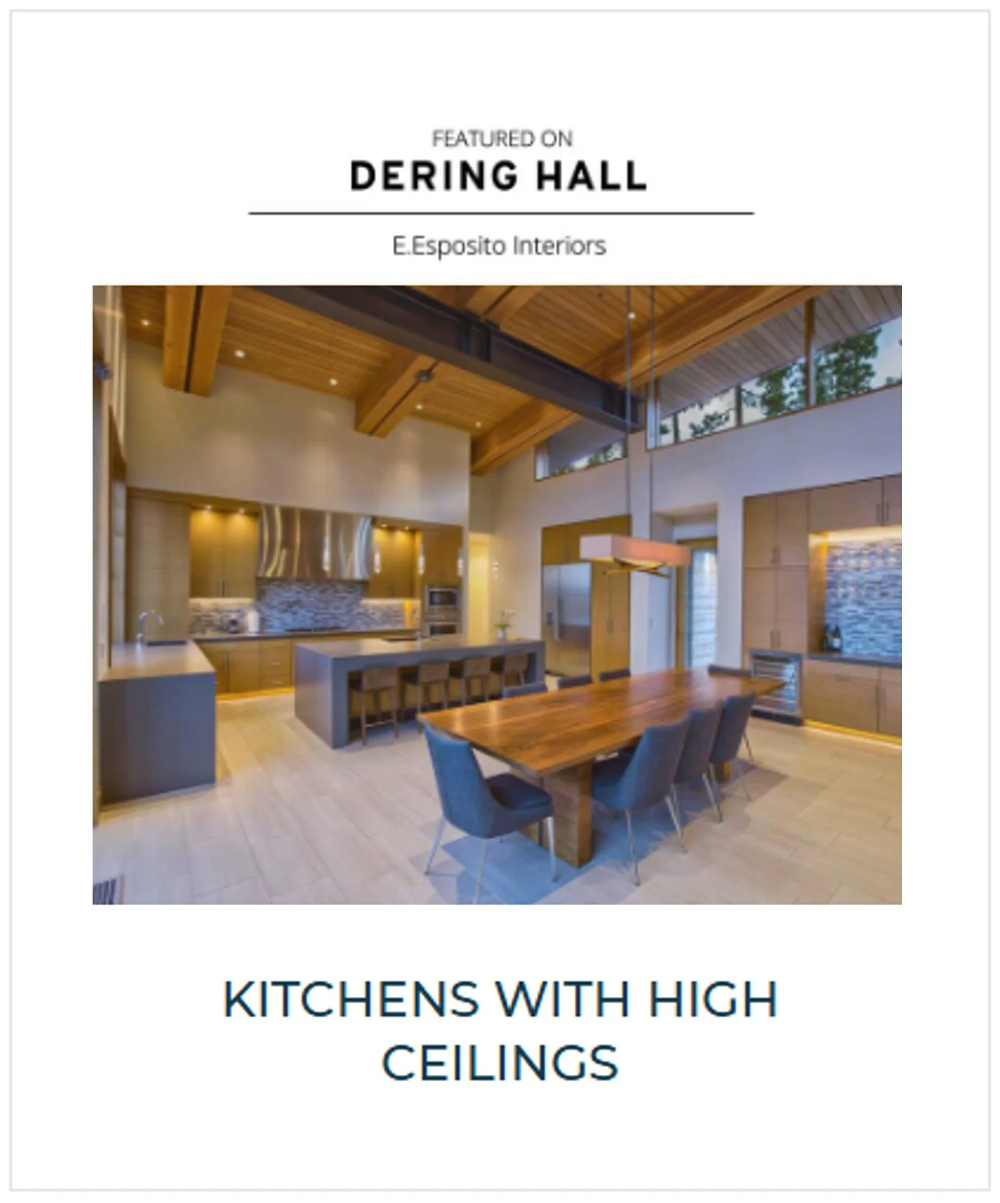 Interior of a modern kitchen with high ceilings, wooden beams, a large kitchen island, and a dining table with six chairs.