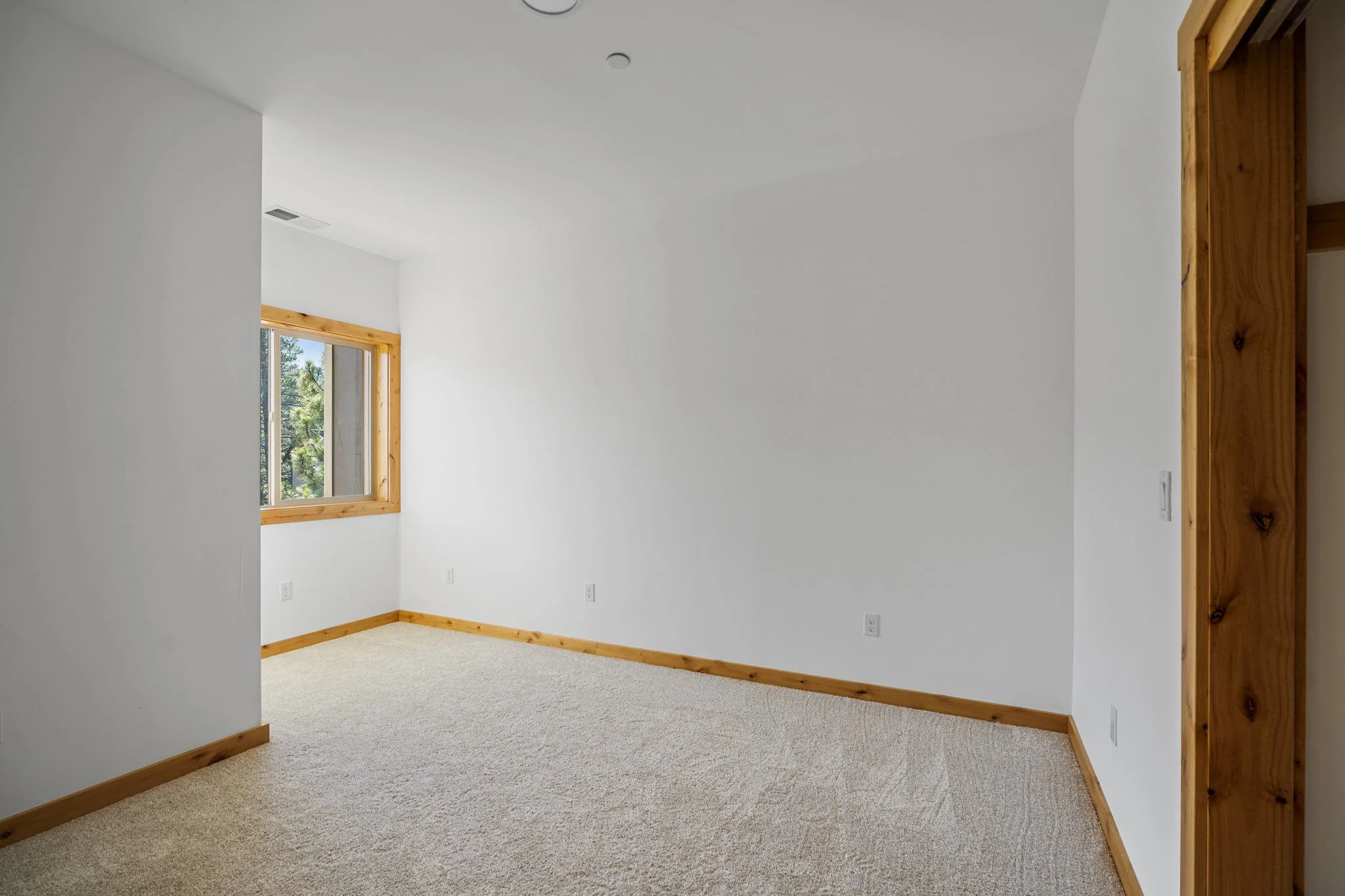 Empty room with white walls, beige carpet, a window with wooden trim, and wood baseboards and door frame.