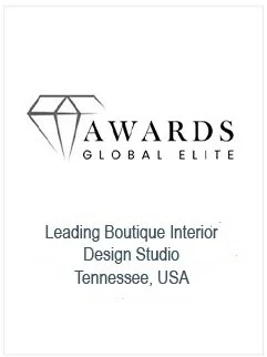 Logo for Awards Global Elite featuring a diamond icon and text about a boutique interior design studio in Tennessee, USA.