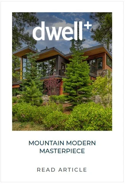 Modern mountain house surrounded by trees and lush greenery.