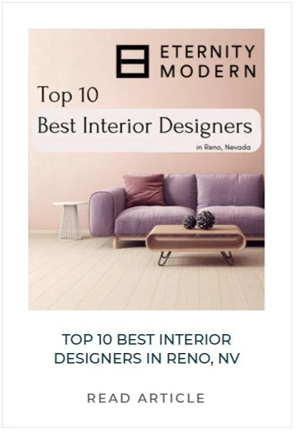 An advertisement from Eternity Modern featuring top interior designers in Reno, Nevada, with a modern living room setup including a purple sofa and a wooden coffee table.