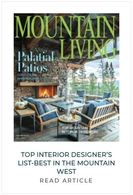Magazine cover titled "Mountain Living" featuring a mountain porch with outdoor furniture, a stone fireplace, and trees in the background.