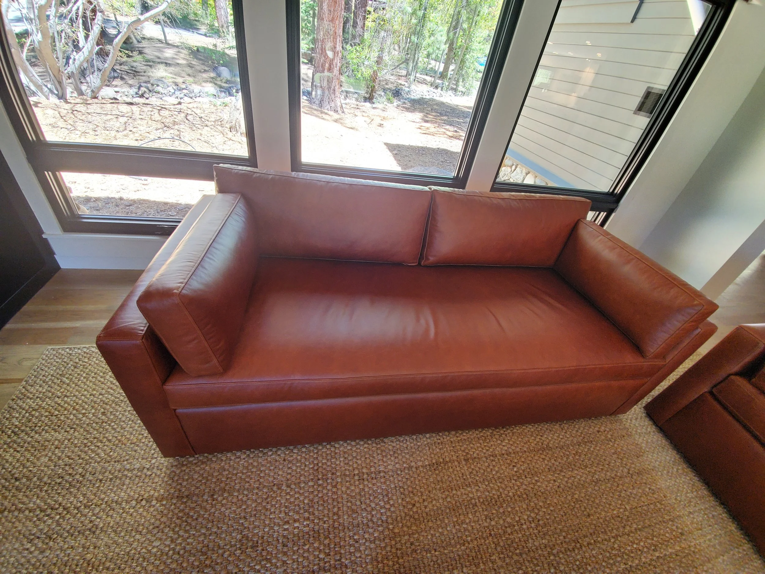 A brown leather sofa positioned in front of large windows, with a view of trees and a garden outside.