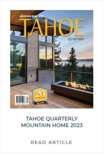 Cover of Tahoe Quarterly Mountain Home 2023 magazine showing a balcony with a fire pit, overlooking trees and a body of water during sunset.