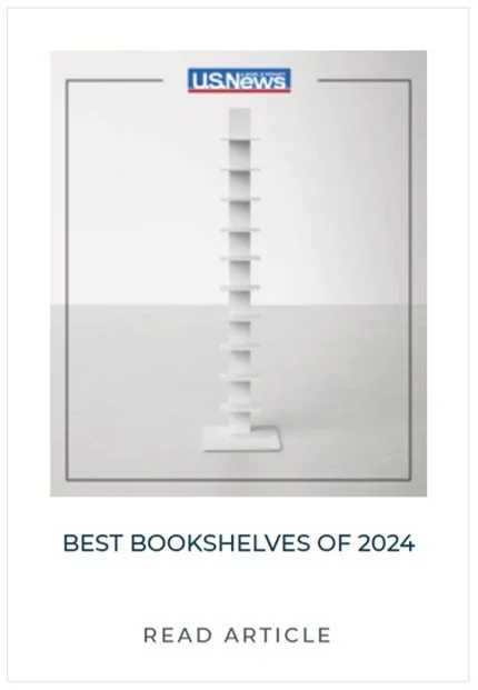 An illustration of a white bookshelf with multiple shelves, labeled "U.S. News" at the top, and the text "Best Bookshelves of 2024" and "Read Article" below.