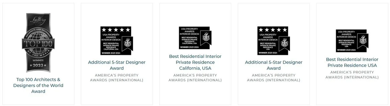 Four award icons and descriptions in a row. The first is a Top 100 Architects & Designers of the World Award, 2023 winner, with a ribbon design. The next three are awards for Best Residential Interior Private Residence California, USA, and Additional 5-Star Designer Awards, from the America’s Property Awards (International), with black and white logos and text.