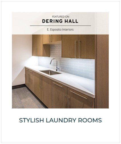 Interior of a modern laundry room with wooden cabinets, a white countertop, a stainless steel sink, and a tiled backsplash.