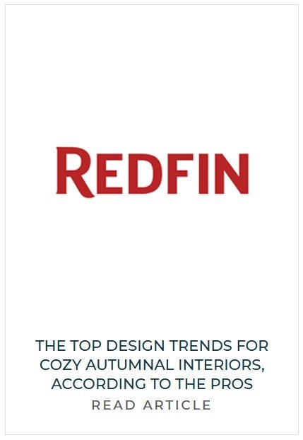 Redfin logo with the caption about top design trends for cozy autumnal interiors and a prompt to read the article.