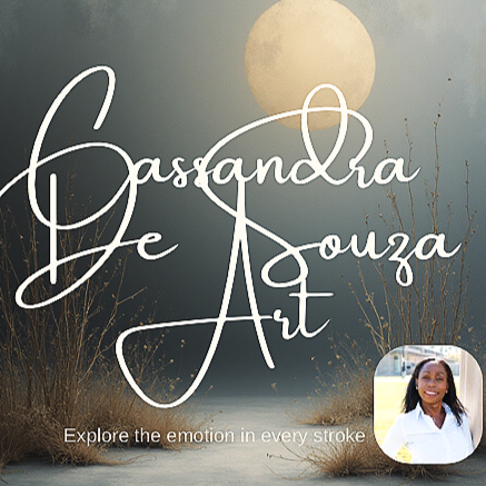 The image features a background with a large moon, dry grass, and a water body. Overlaid is the text 'Cassandra De Souza Art' in elegant script, along with the phrase 'Explore the emotion in every stroke'. There is a small profile picture of a smiling woman with long dark hair in the bottom right corner.