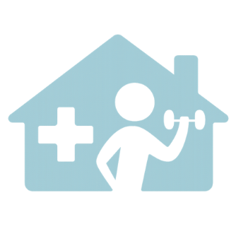 Icon of a house with a person lifting a dumbbell inside and a medical cross on the wall