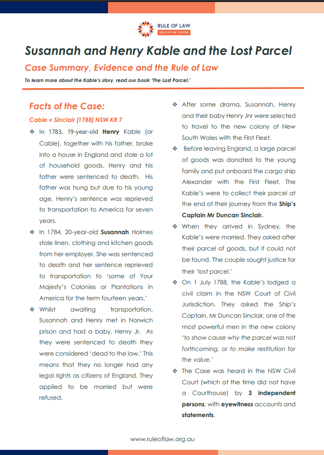 Two page fact sheet of the case summary