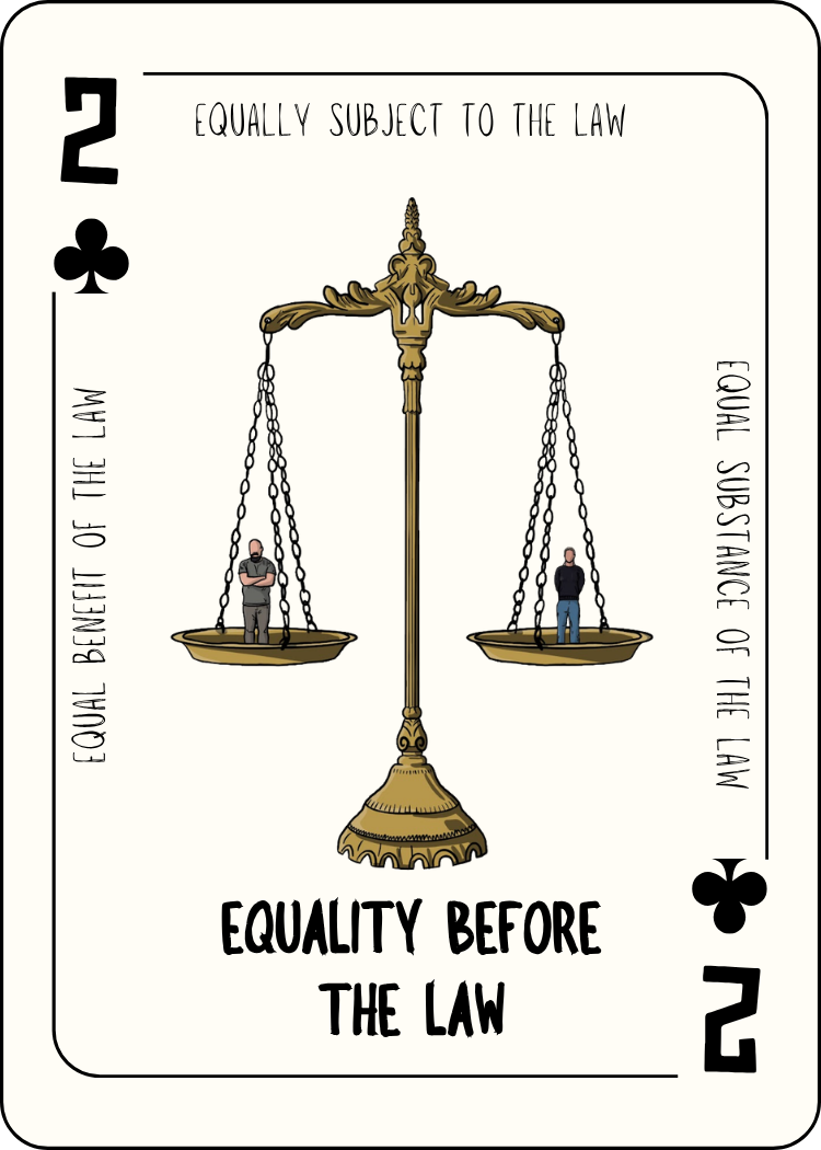 A playing card featuring a balanced scale with two men standing on each side, and the text 'EQUALITY BEFORE THE LAW' and 'EQUAL SUBJECT TO THE LAW' around the edges.