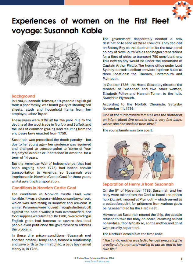 Booklet with text and images about the experiences of Susannah Kable on the First Fleet and the early colony