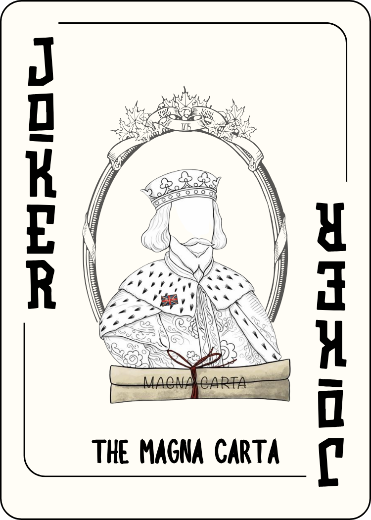 A stylized mock-up of a Joker card featuring a faceless king dressed in royal robes with a crown, surrounded by decorative elements, with the words "The Magna Carta" at the bottom.