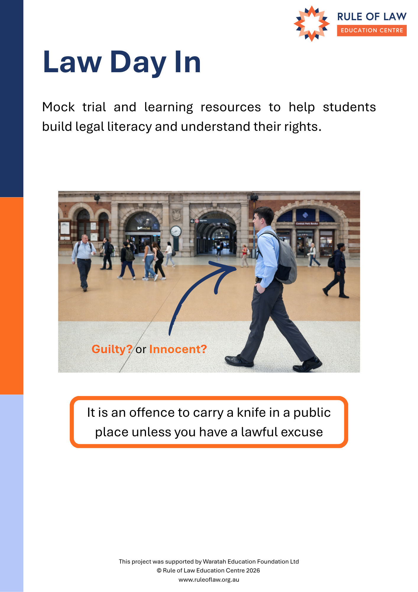 Brochure page titled 'Law Day In' featuring an image of people in a train station with a caption about laws and rights. The page includes text about legal literacy, a quote about carrying knives in public, and mentions of the Waratah Education Foundation Ltd.
