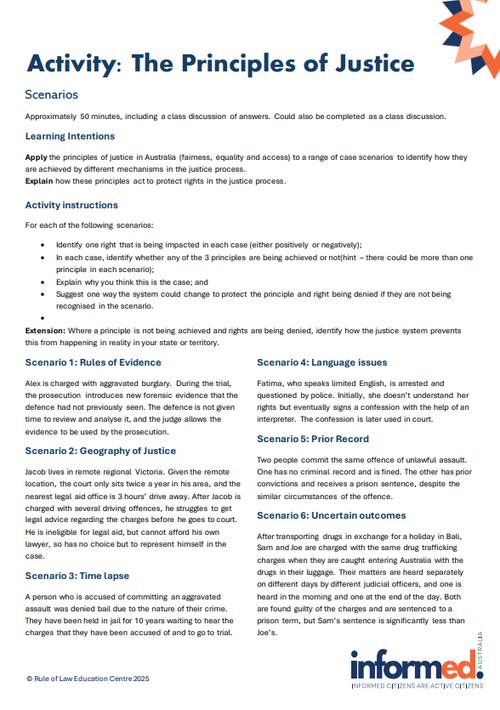 Principles of Justice Scenario Worksheet - Educational Resource — Rule ...