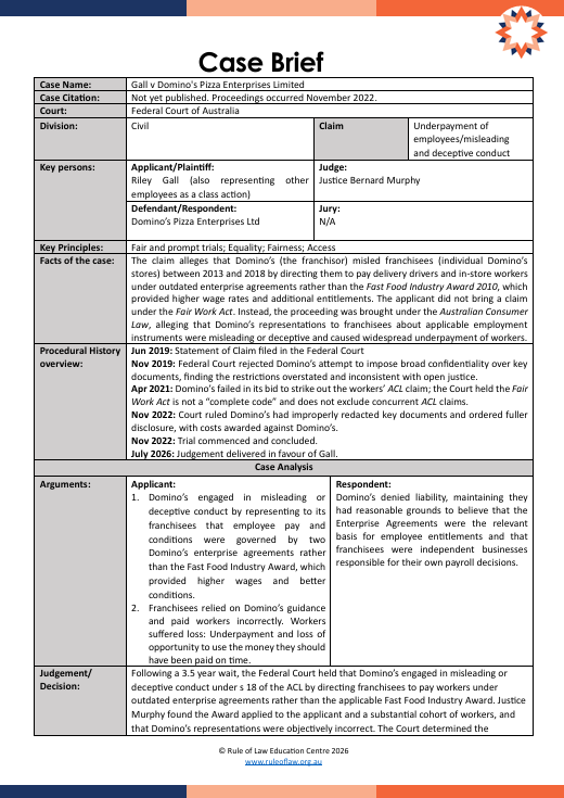 Document titled 'Case Brief' about Domino's Pizza Enterprises Ltd, filled with legal case details, facts, procedural history, arguments, and judgement.