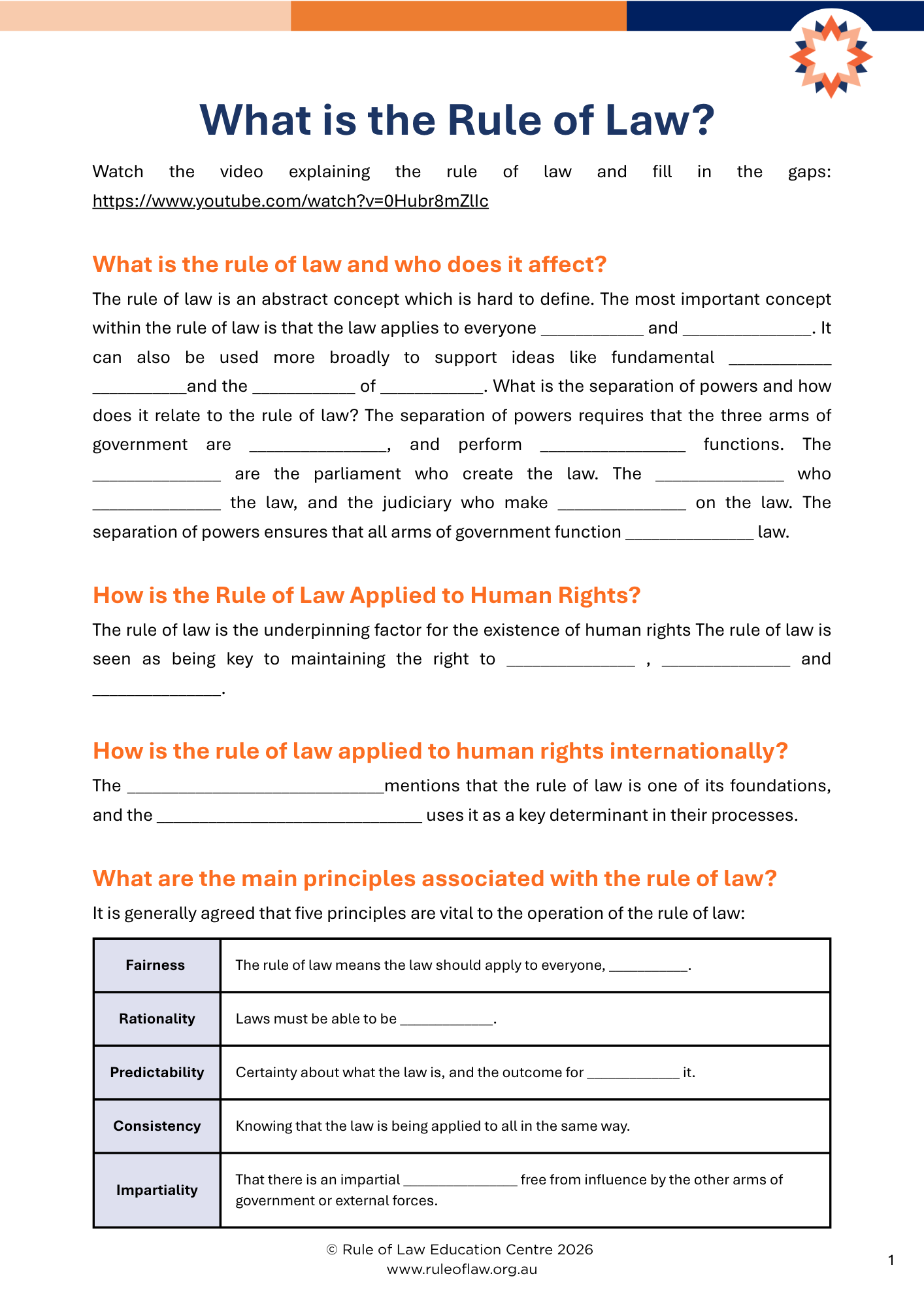 Educational worksheet titled "What is the Rule of Law?" with sections explaining the concept, separation of powers, application to human rights, and international human rights.
