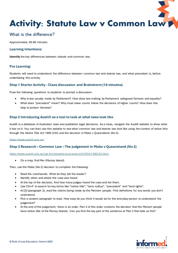 Statute vs Common Law Research Task - Educational Resource — Rule of Law