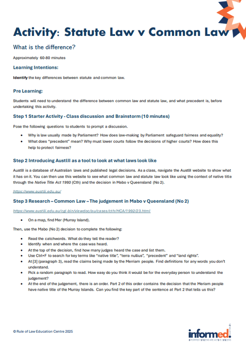 Statute vs Common Law Research Task - Educational Resource — Rule of Law