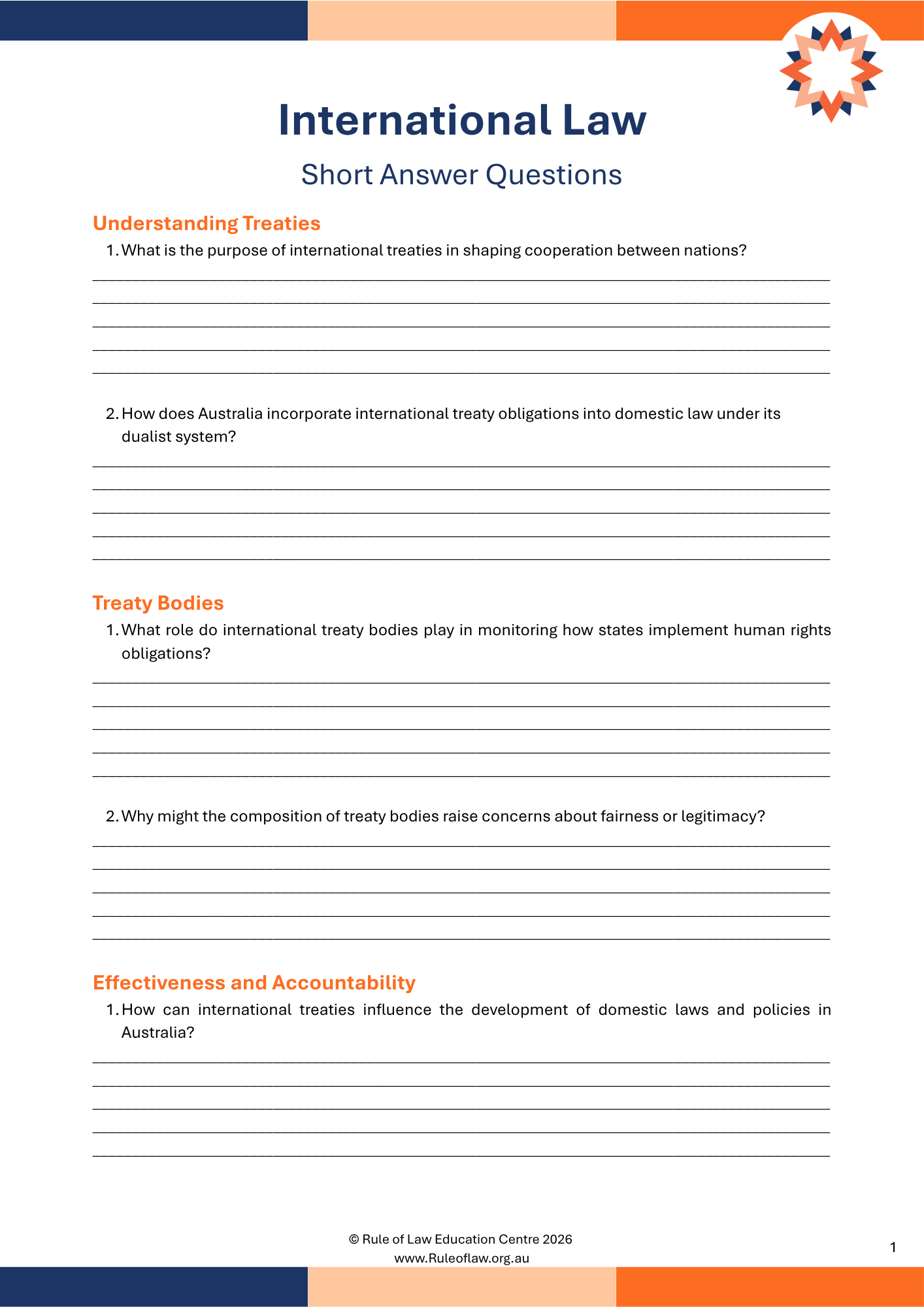 A worksheet titled 'International Law' with sections for short answer questions about treaties, international treaty obligations in Australia, treaty bodies, and international treaties' impact on laws. The footer contains copyright info and website link.