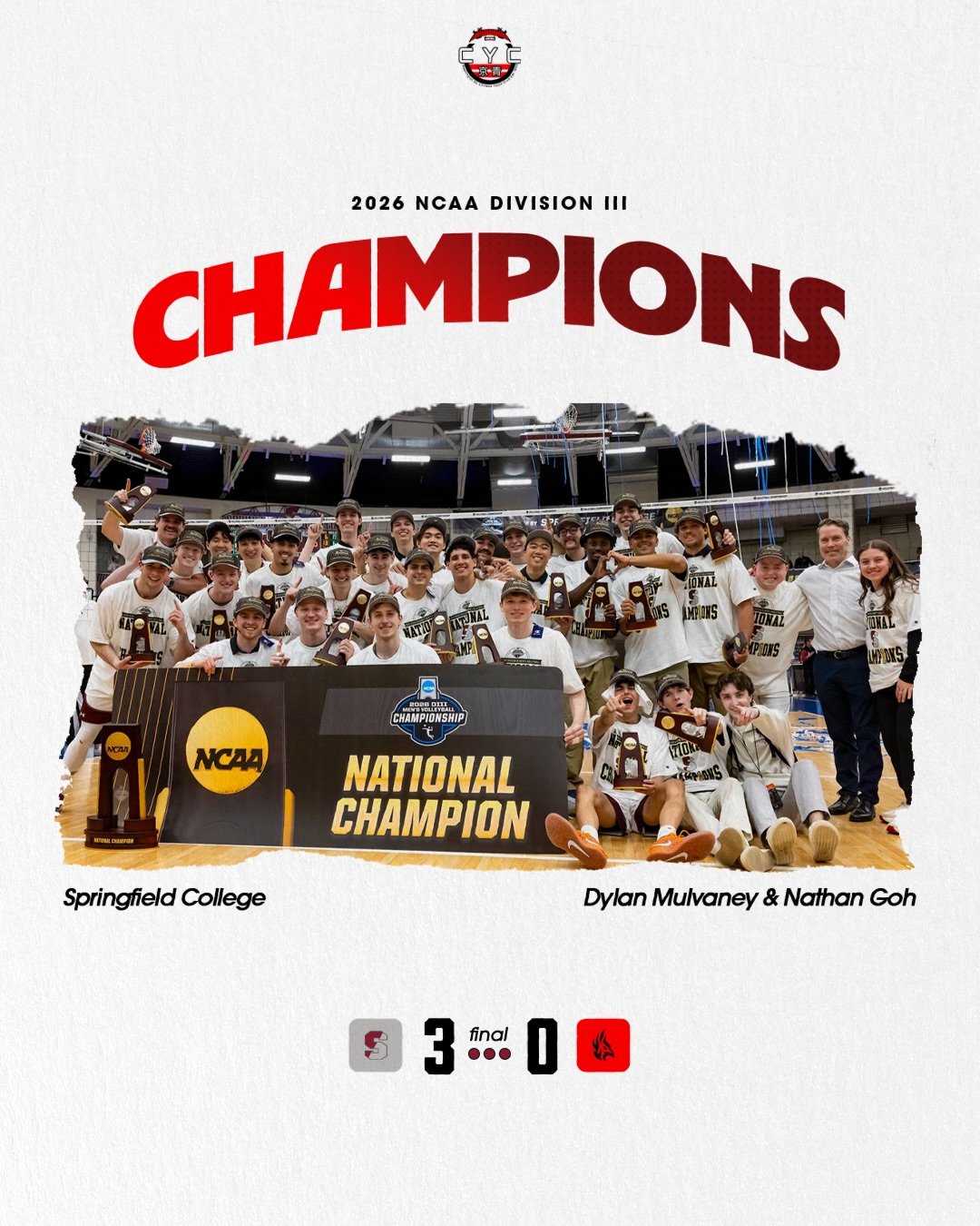 Huge congratulations to our very own Dylan Mulvaney and Nathan Goh on winning the 2026 Division III National Championship! 

They swept Carthage to bring Springfield their sixth title and their first since 2012!
