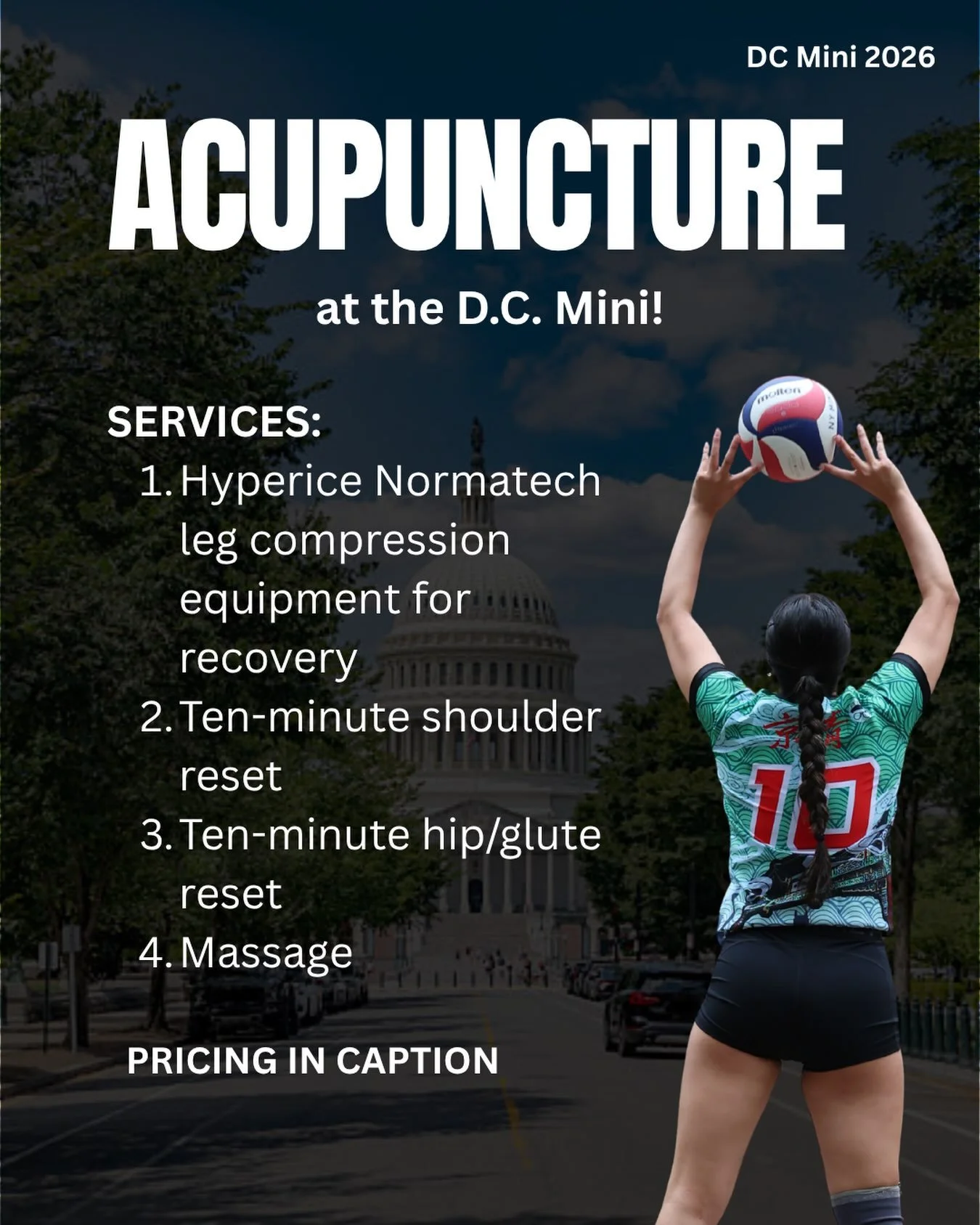 Acupuncture service at the DC mini! 

Hyperice Normatech&nbsp;leg compression equipment for recovery. $10 for 10min. $18 for 20min. Full recovery session.

Acupuncture Services:&nbsp;
10 Min Shoulder reset: $25. 
Hip/Glute: $25.&nbsp; 
Both Area: $45